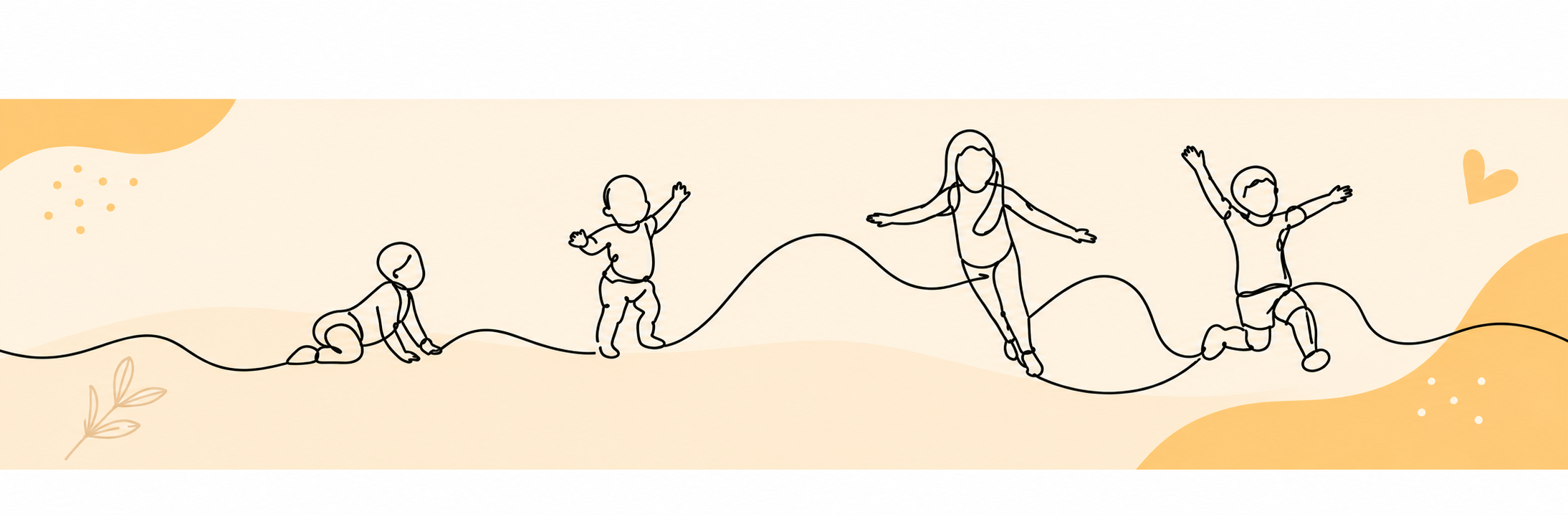 Ilustração em linha contínua de crianças engatinhando, em pé, pulando e correndo